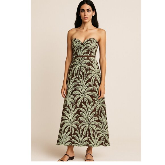 Johanna Ortiz Amor Inquieto Cotton-blend Palms Strapless Maxi Dress - Picture 1 of 16